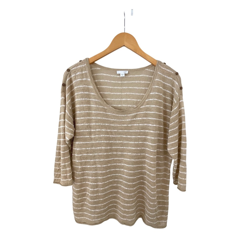 J Jill Women's Striped Button Shoulder 3/4 Sleeve Knit Top